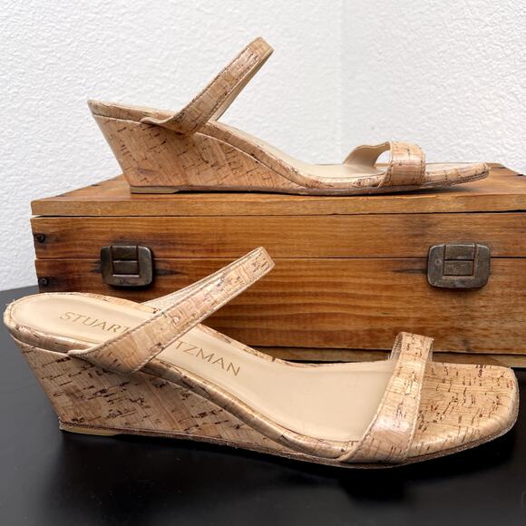 Stuart Weitzman Cork Wedge Sandals 9.5 Women’s Slip-On Strappy Nude Summer Heel - Picture 5 of 10